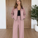 Women's Contrast Collar Zip Jacket and Wide-Leg Pants Two-Piece Set