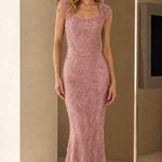 Elegant Beaded Sleeveless Evening Gown with Scalloped Details