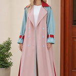 Women's Colorblock Maxi Trench Coat with Belt and Cuff Straps