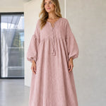 Women's Boho Lace-Up Tassel Maxi Dress Long Balloon Sleeve Textured Caftan