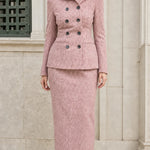 Double-Breasted Tweed Blazer and Column Maxi Skirt Two-Piece Suit Set
