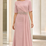 Elegant Beaded Waist Draped Short Sleeve Maxi Evening Dress