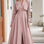 Lace-Sleeve Trench Maxi Coat Dress with Matching Belt