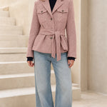 Women's Herringbone Belted Utility Blazer Jacket with Flap Pockets