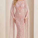 Beaded Cape Sleeve Mermaid Evening Gown with Fringe Tassels