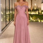 Off-The-Shoulder Beaded Fringe Ruched Chiffon Evening Gown