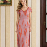 Beaded V-Neck Ikat Print Midi Dress with Ruched Sleeves