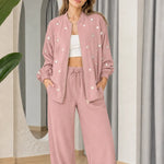 Women's Pearl Embellished Zip Bomber Jacket and Wide-Leg Pants 2-Piece Set