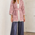 Women's Elegant Jacquard Belted Kimono Cardigan with Tassel Tie