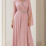 Elegant V-Neck Rhinestone Split Sleeve Maxi Evening Dress