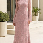 High Neck Sequin Lace Evening Gown with Long Sleeves