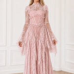 Long Sleeve Lace Corset Maxi Dress with Tassel Fringe and Cutout Back