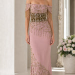 Off-Shoulder Beaded Formal Evening Dress with Fringe Detail