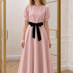 Women's Textured Puff Sleeve A-Line Midi Dress with Velvet Waist Tie