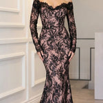 Off-Shoulder Sequin Lace Long Sleeve Mermaid Evening Gown