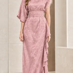 Floral Jacquard Asymmetrical Maxi Dress with Embellished Neckline