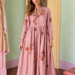 Women's Long-Sleeve Embroidered Midi Dress with Button Front