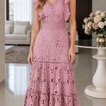Floral Embroidered Lace Tiered Maxi Dress with Ruffle Sleeves