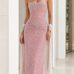 Sparkling Beaded Ruched Waist Maxi Evening Gown with Matching Shawl