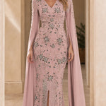 Embellished Cape Sleeve Evening Gown with Front Slit