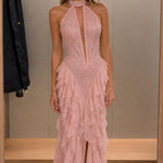 Elegance Halter Neck Beaded Ruffle Maxi Dress