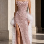 Strapless Embellished Sequin Maxi Evening Gown with Thigh Slit