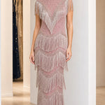 Vintage Art Deco Beaded Fringe Evening Gown | High Neck Maxi Formal Dress