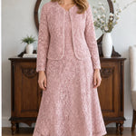 Elegant Floral Lace Midi Dress and Jacket Two-Piece Set
