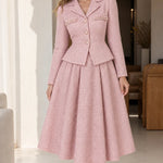 Elegant Pearl Embellished Tweed Blazer and Flared Midi Skirt Set