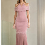 Off-the-Shoulder Pearl Embellished Fringe Hem Maxi Evening Dress