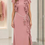 Elegant Lace Ruffle Accent Maxi Dress with Tassel Belt