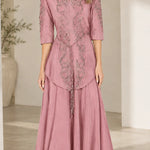 Embroidered 3/4 Sleeve A-Line Maxi Evening Gown with Mandarin Collar