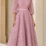 Cold Shoulder Embroidered Lace Midi Dress with Puff Sleeves and Tie Waist