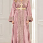 Elegant Embroidered Satin Kaftan Maxi Dress with Ornate Belt