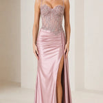 Sleeveless Beaded Corset Slit Formal Evening Dress