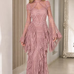 Gothic Lace Corset Maxi Dress with Dramatic Bell Sleeves and Tiered Ruffle Skirt