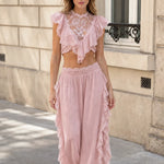 Boho Lace Ruffle Two-Piece Crop Top and Wide Leg Pants Set