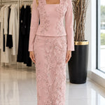 Floral Embroidered Square Neck Jacket & Maxi Skirt Two-Piece Formal Set