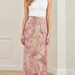 High-Waisted Metallic Jacquard Column Maxi Skirt with Feather Trim