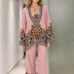 Vintage Baroque Floral Print Tunic Top and Wide Leg Pants Two-Piece Set