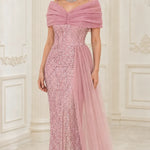 Off-the-Shoulder Sequin Evening Gown with Draped Bodice and Side Tulle Train