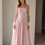 Strapless Beaded Corset Evening Gown with Scalloped Fringe & Chiffon Skirt