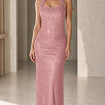 Halter Neck Beaded Shimmer Maxi Evening Gown with Ruched Waist