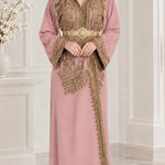 Embroidered Moroccan Kaftan Maxi Dress with Ornate Waist Belt
