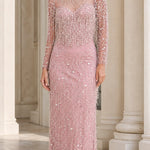 Elegant High-Neck Beaded Long Sleeve Evening Gown