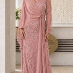 Elegant Beaded Chiffon Evening Gown with Draped Cape Sleeve