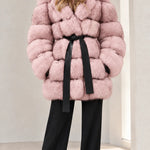 Women's Hooded Belted Faux Fur Coat with Tiered Plush Panels