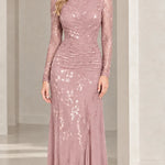 Long Sleeve Mock Neck Ruched Floral Lace Evening Gown