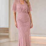 Beaded Flutter Sleeve Evening Gown Elegant Sparkle Maxi Dress