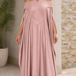 Off-the-Shoulder Pleated Yoke Kaftan Maxi Dress with Slit Cape Sleeves